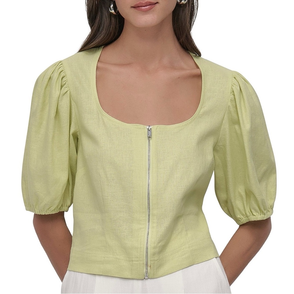 DKNY Light Green Puff Sleeve Zip-Front Blouse
